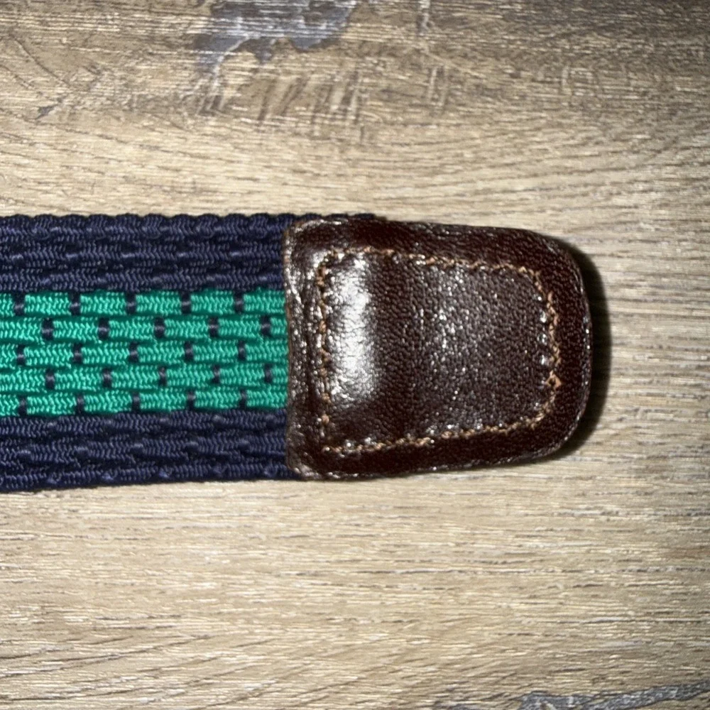 Lands' End Dark Blue & Green Woven Belt Leather Buckle Preppy Size M Made USA